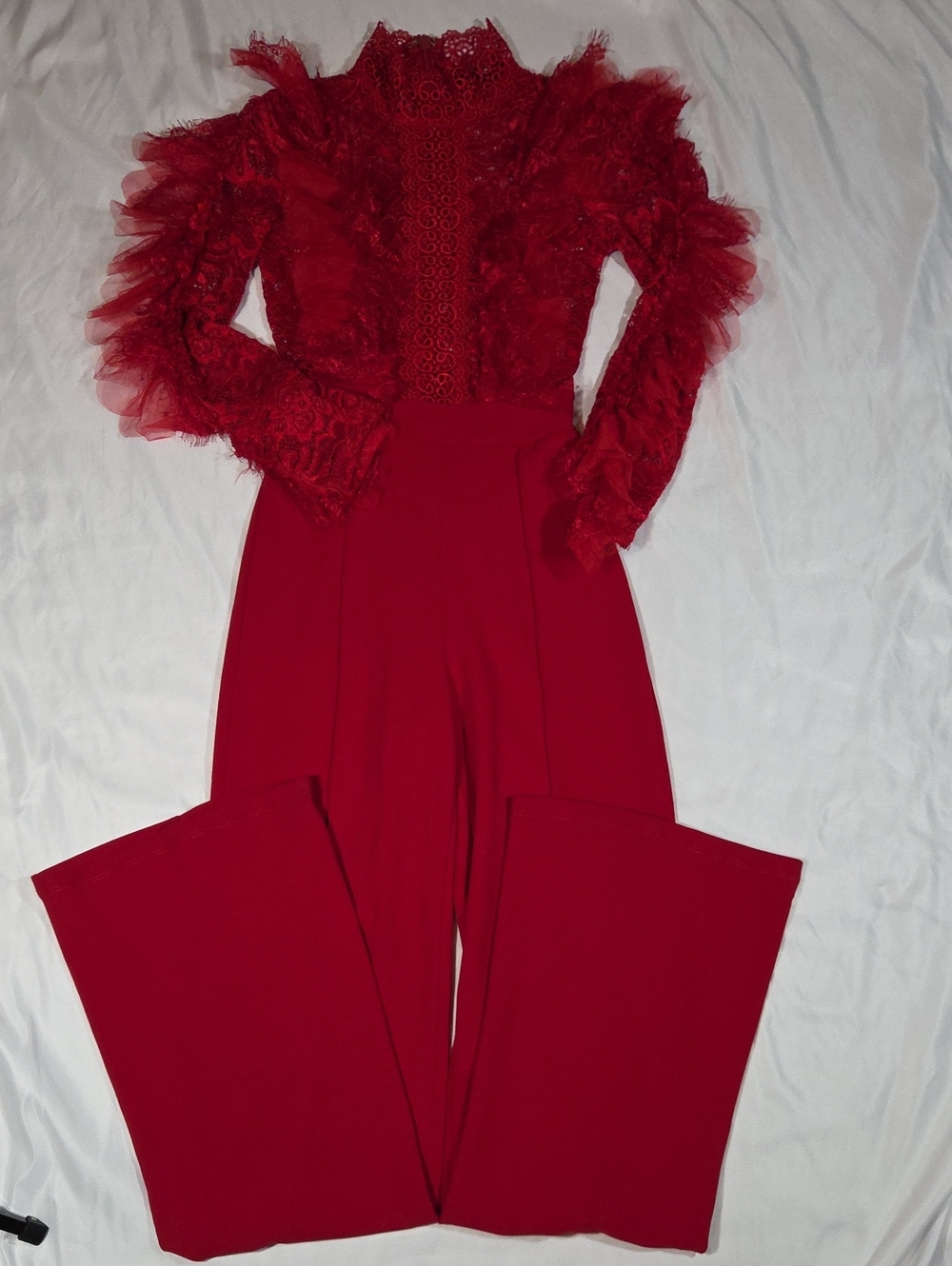 Fashion Nova Ruby Red Fringe Lace Jumpsuit Size Xs